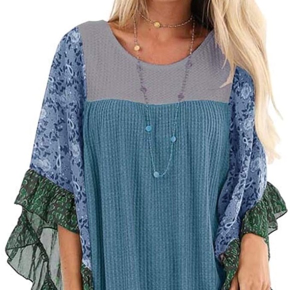 Tops - HP💝Women’s Boho Waffle Knit Sheer Sleeve Blouse in Blue mix sz sm